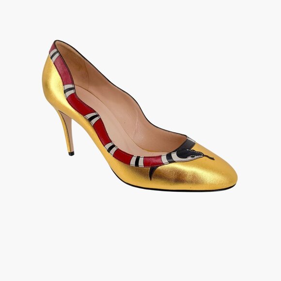 Gucci Yoko Snake Gold Metallic Leather Pumps High Heels Shoes Size 38.5 US 8.5 - Picture 11 of 16